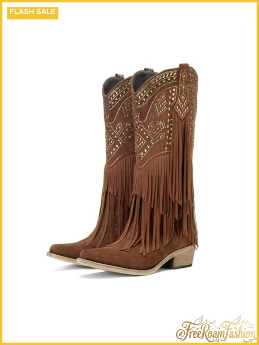 Women's Knee High Western Cowboy Boots Fringe Rhinestone Chunky Heel Pointed Toe